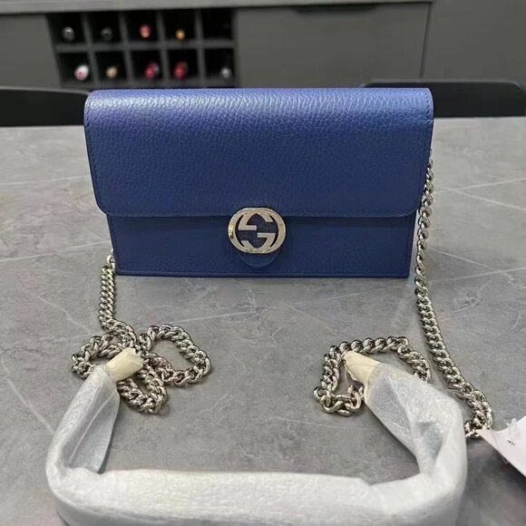 NIB Gucci Interlocking GG Wallet On Chain (18 Card Slot) Blue - Picture 1 of 4